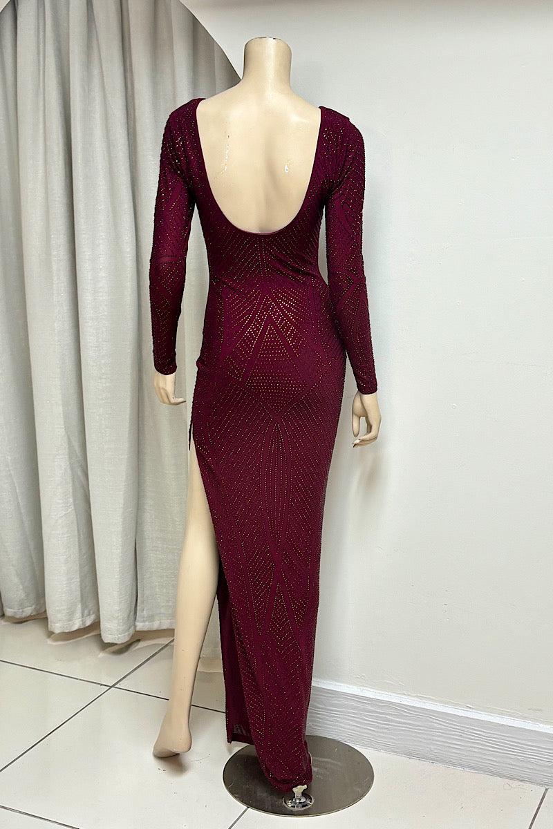 Long Sleeve Rhinestone Fitted Formal