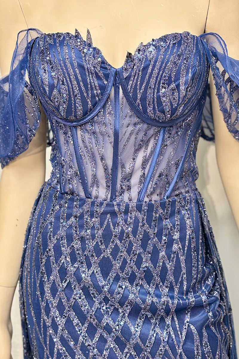 Sheer Sleeve Off-Shoulder Corset Sequin Formal