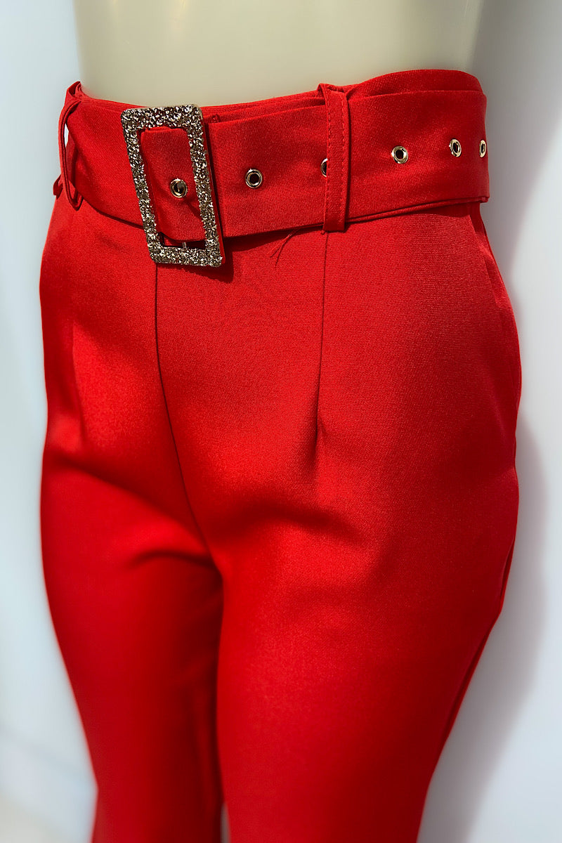 Red Wide Leg Pants w/ Buckle