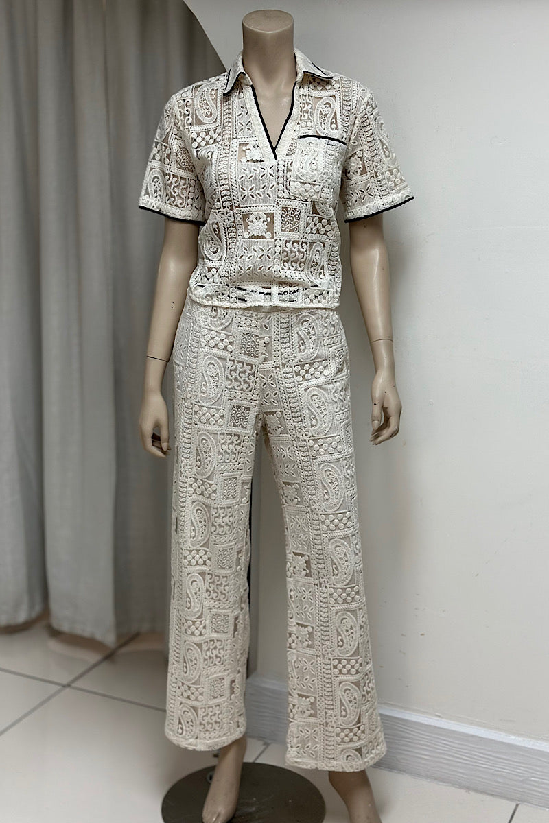 Lace Crop Top Embroidered Pant Set