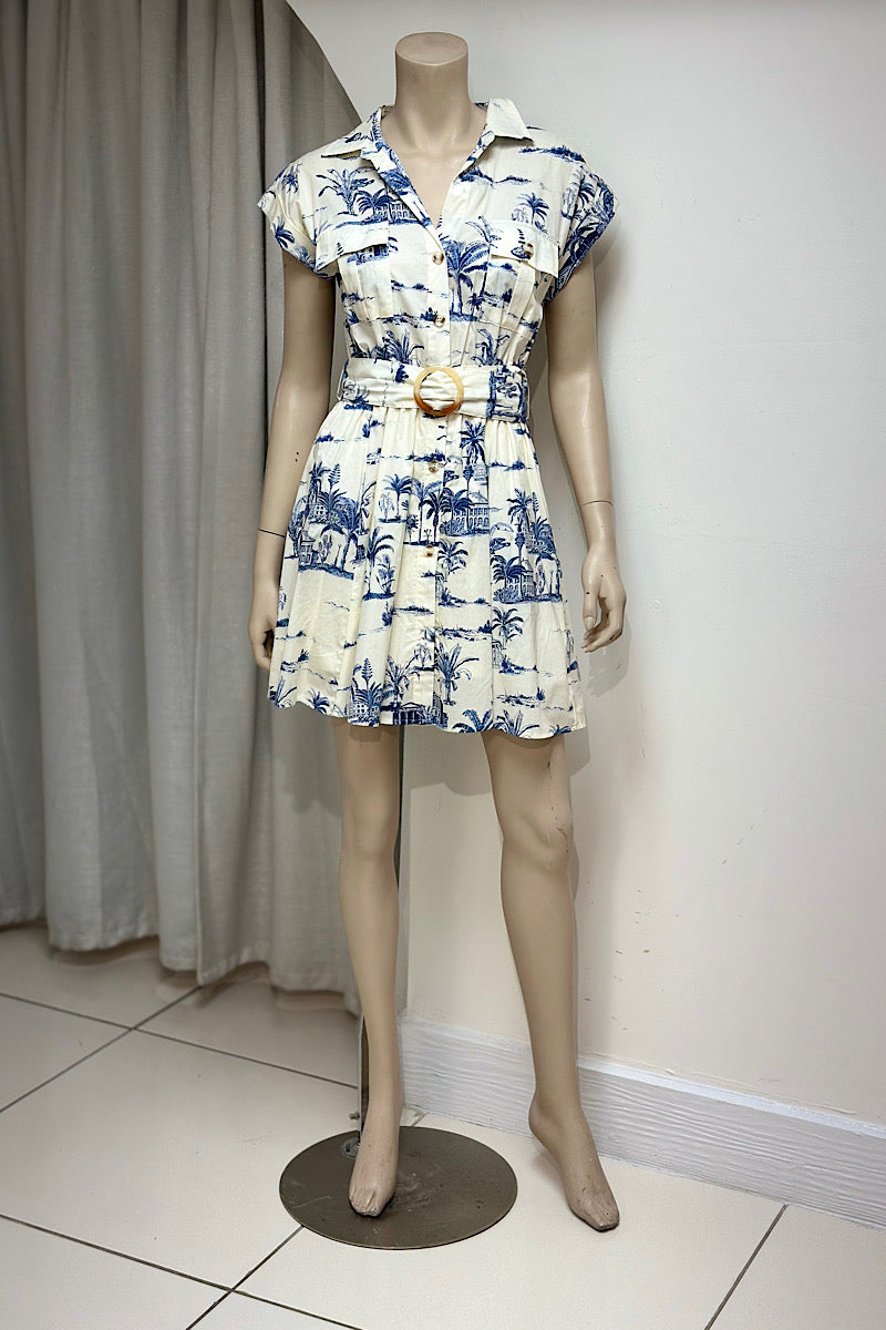 Collared V-Neck Illustrated Mini Dress