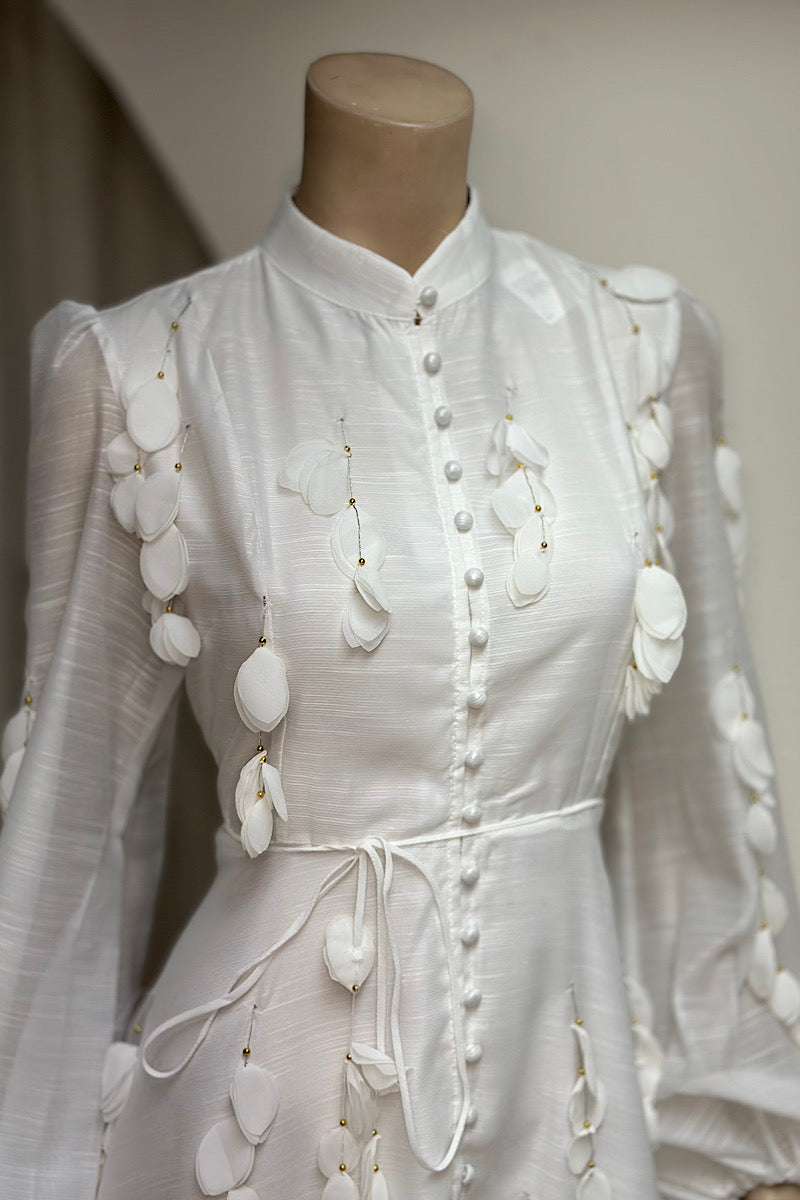Petal Applique High-Neck Tea-Length Dress