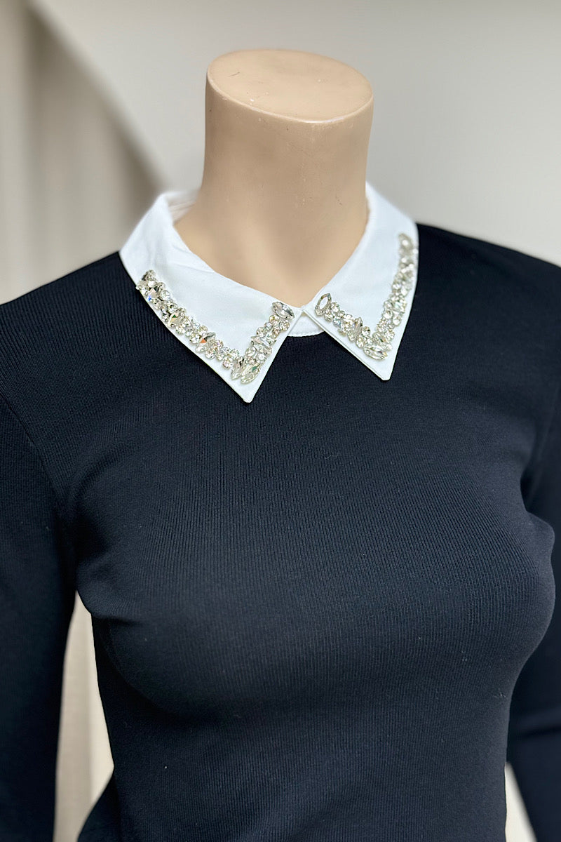 Rhinestone Collar Long Sleeve Sweater Top