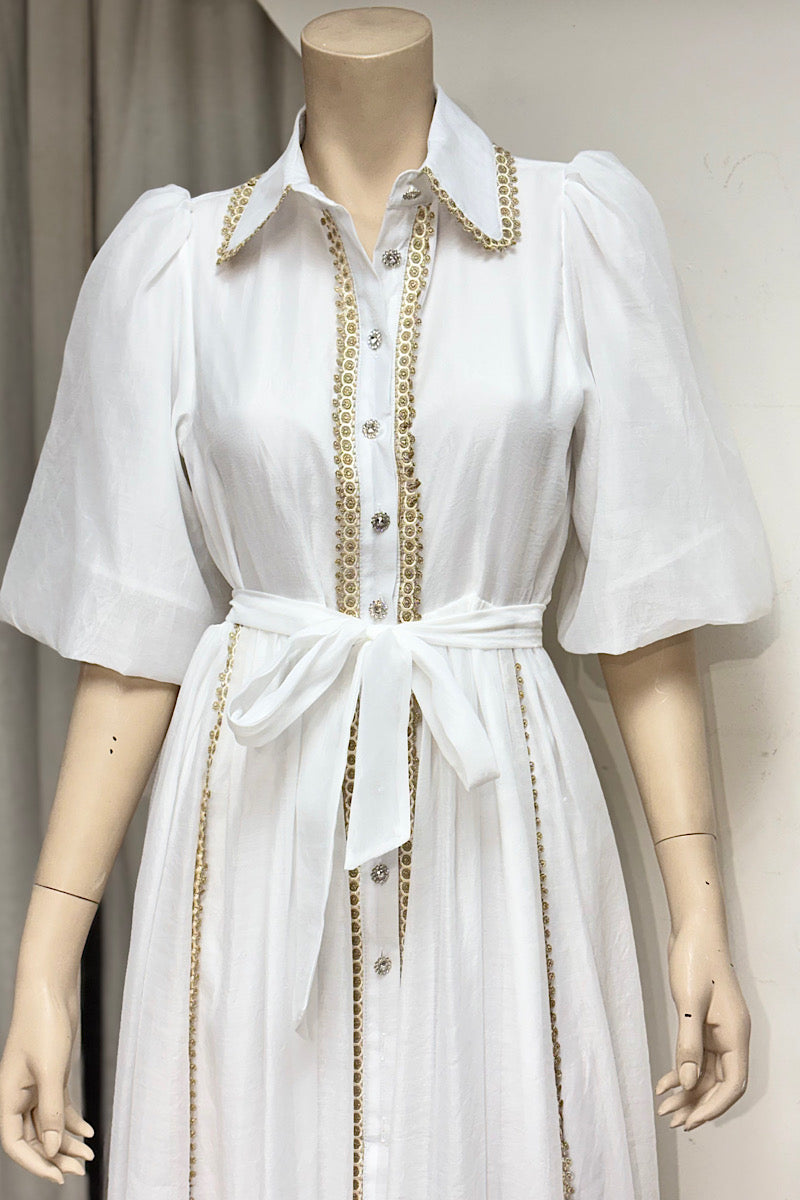 Gold Applique Accented Collared Maxi Dress