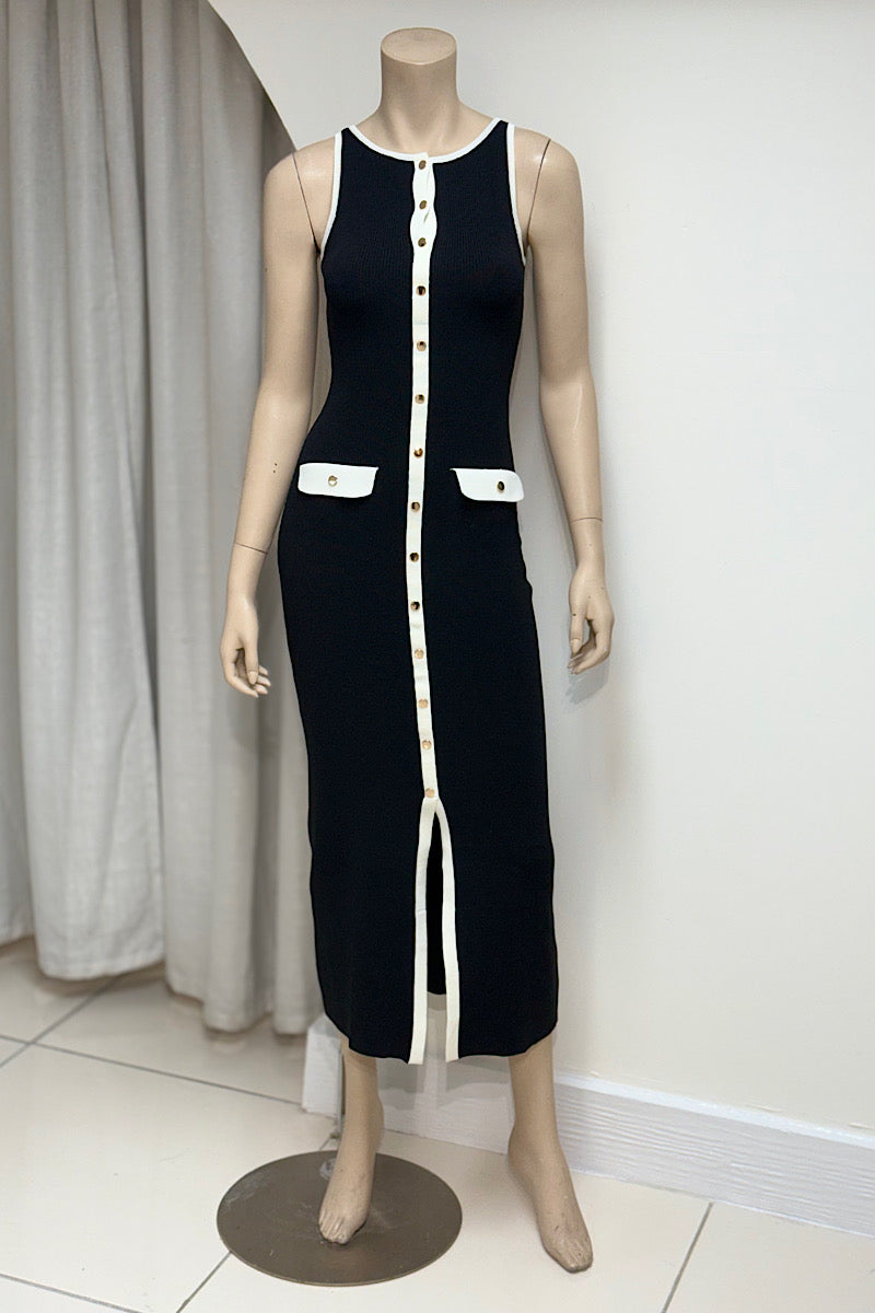 Gold Button Pocket Detail Sweater Dress