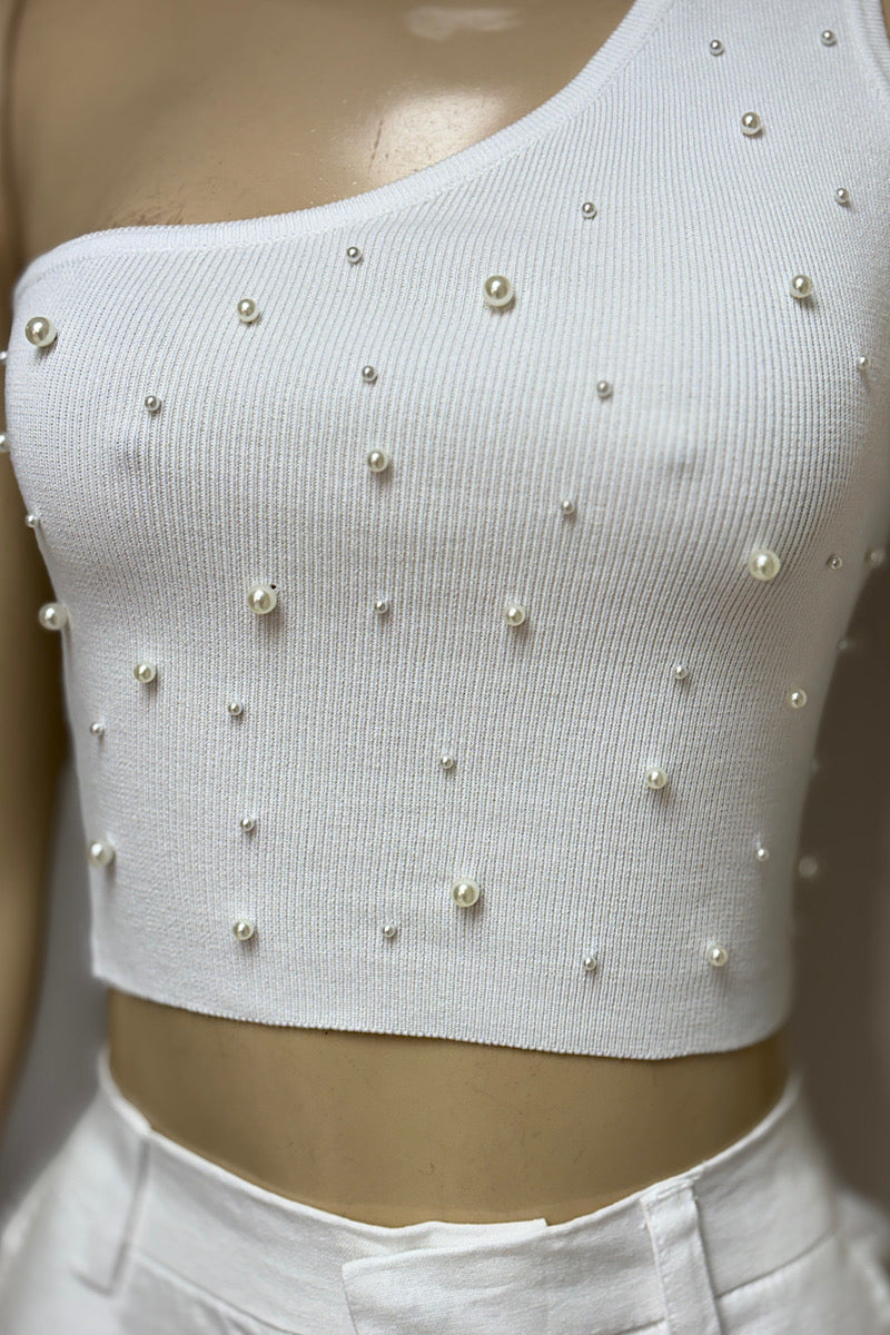 White One Shoulder Pearl Crop Top