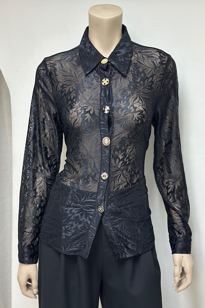 Long Sleeve Lace Button-Up Top