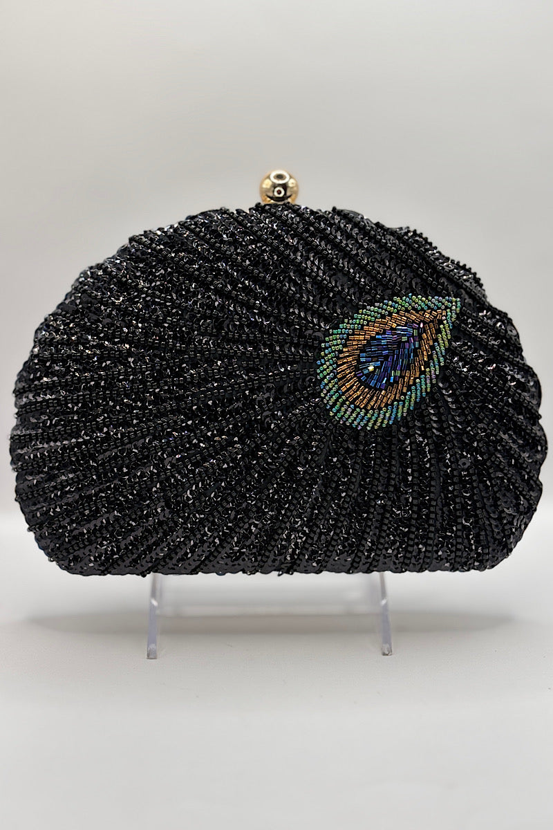 Black Sequin Peacock Feather Clutch