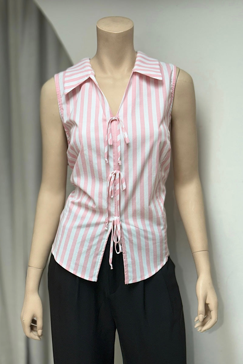 Striped Bow Detail Collared Top