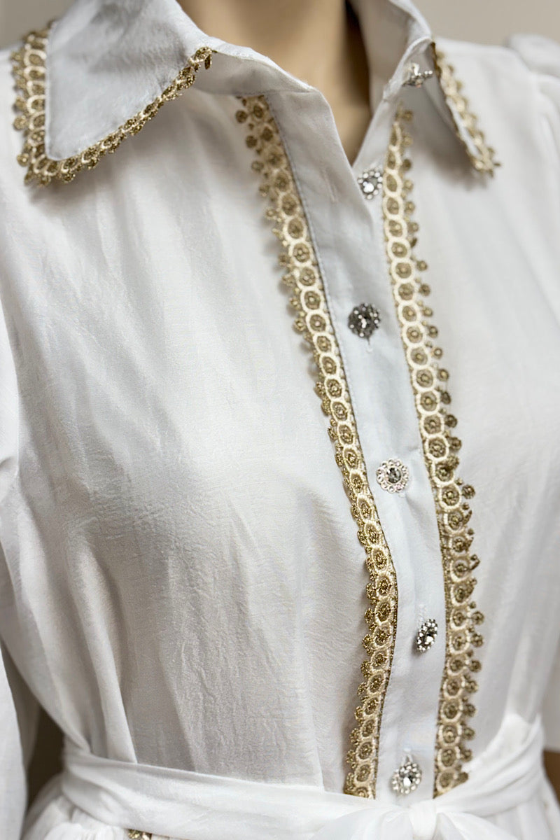 Gold Applique Accented Collared Maxi Dress