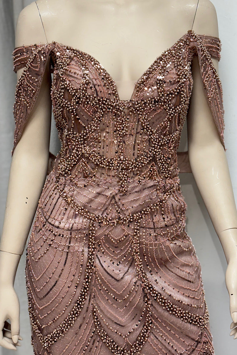 Beaded V-Neck Off-Shoulder Formal