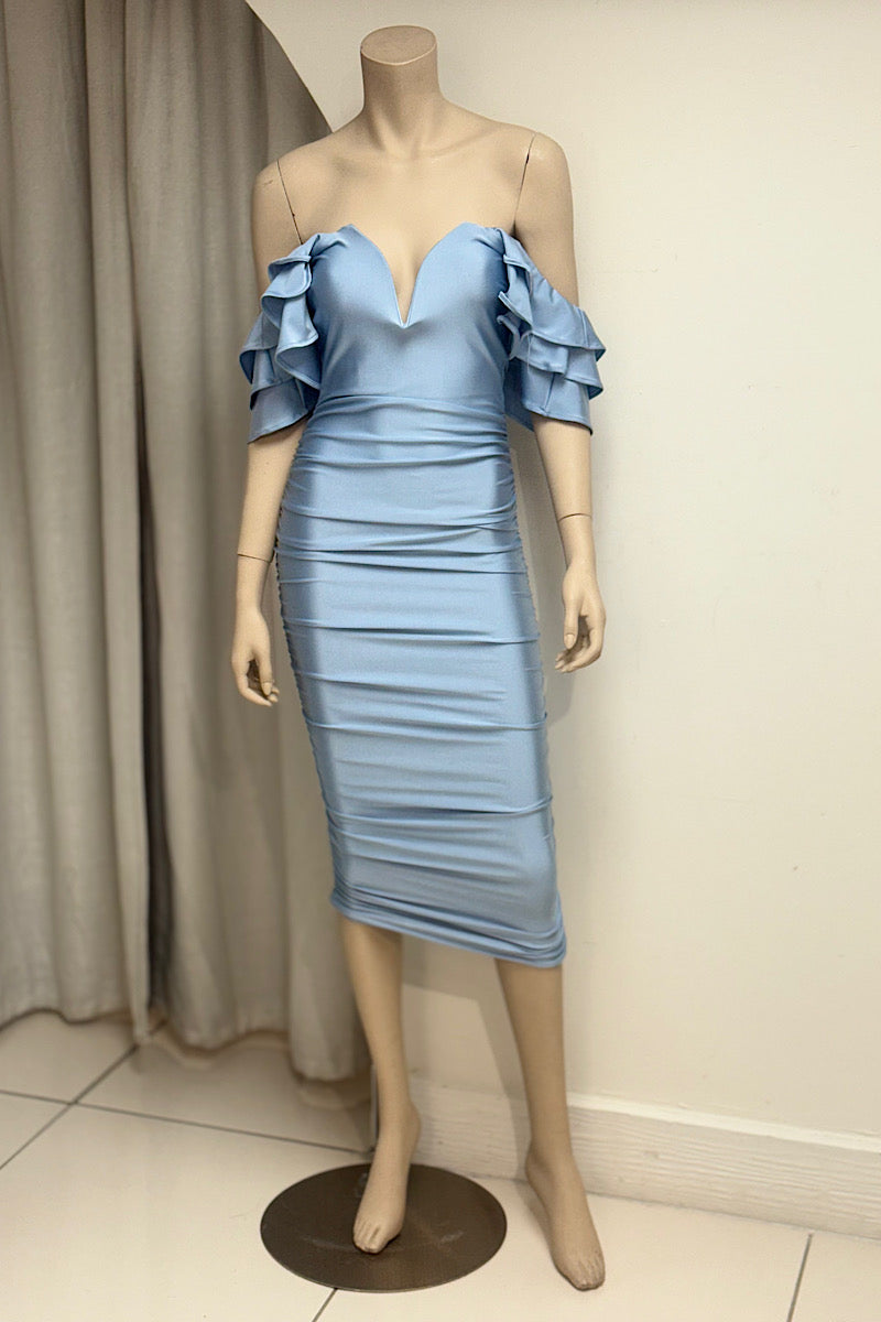 Off Shoulder V-Cut Wire Stretch Midi Dress
