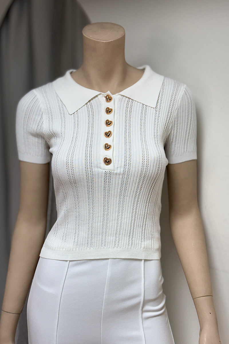 Woven Collared Heart Button Top