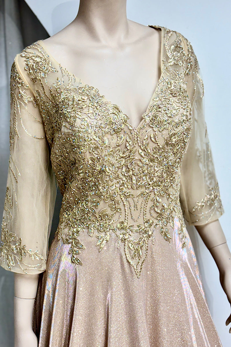 Shimmer V-Neck Embroidered Flare Formal