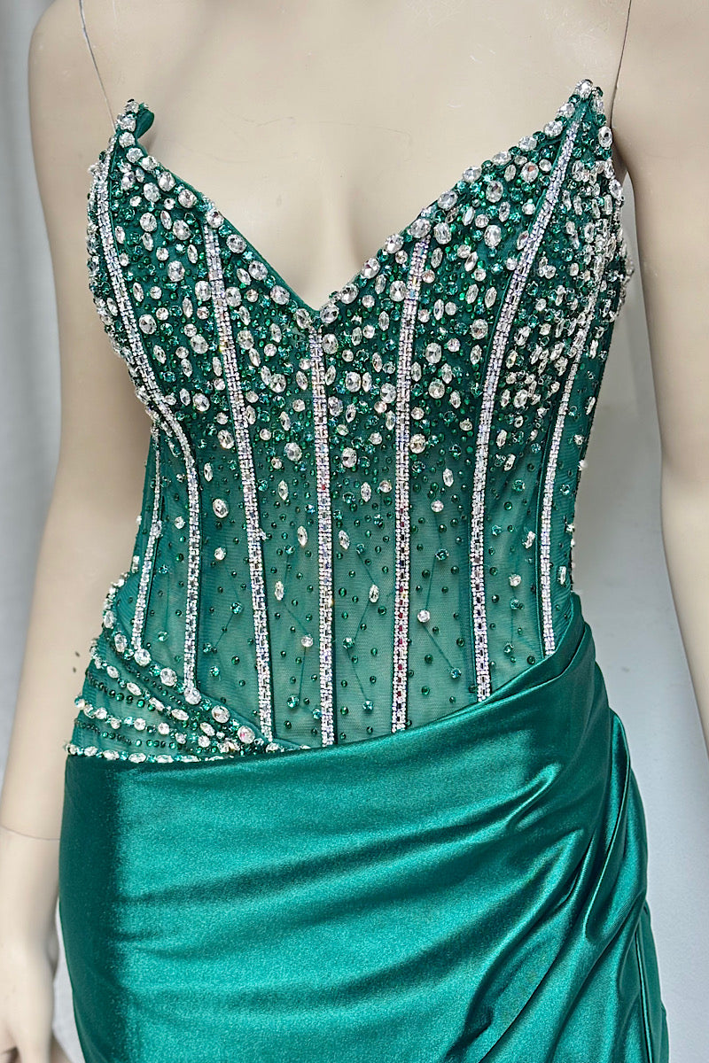 Sheer Rhinestone Bodice Satin Formal