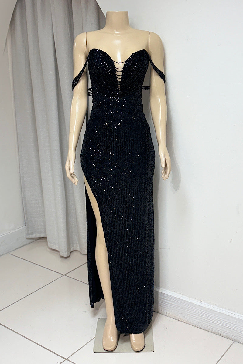 Strapless Sequin Beaded Draped Neckline
