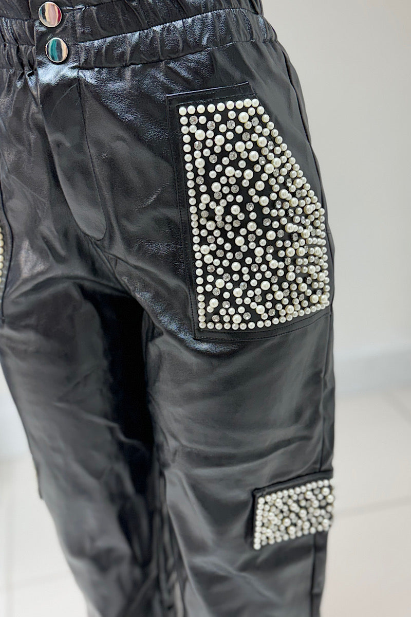 Black Studded Leather Joggers
