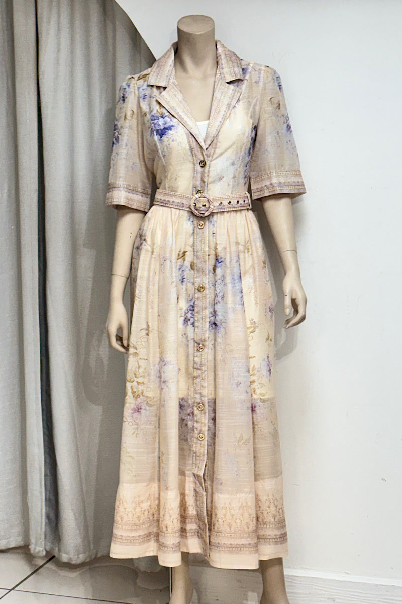 V-Neck Collared Flare Belted Dress
