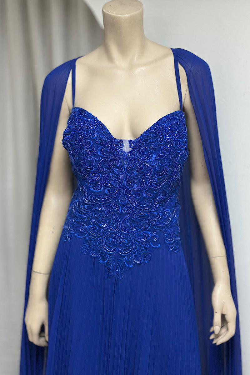 Beaded Cape Sleeve Pleated Formal Dress