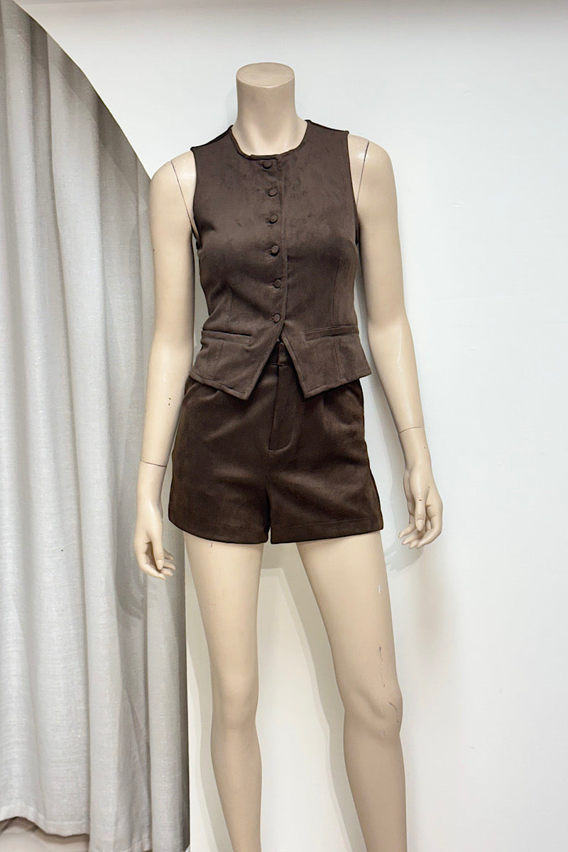 Faux Suede Vest Short Pant Set