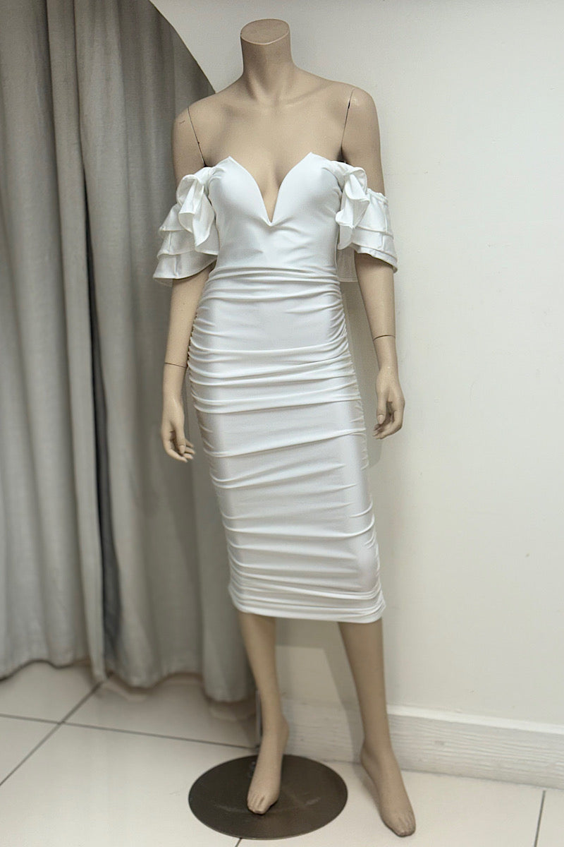Off Shoulder V-Cut Wire Stretch Midi Dress