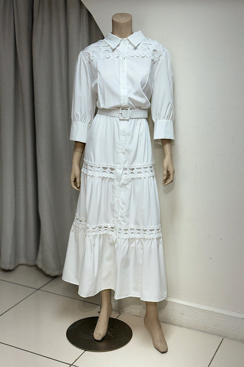Lace Embroidered Belted Maxi Dress