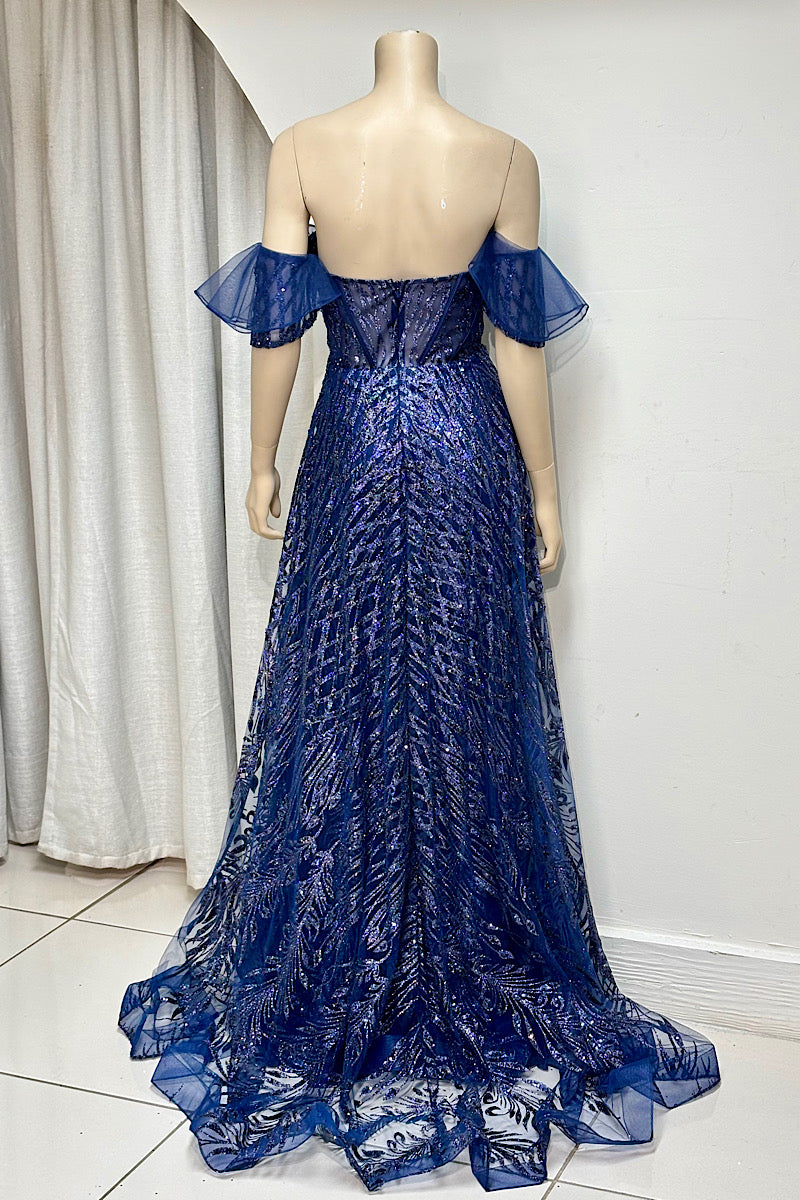 Sheer Sleeve Off-Shoulder Corset Sequin Formal