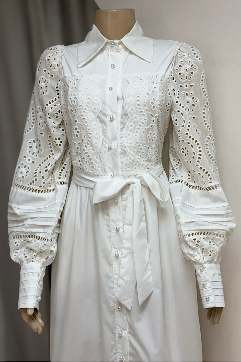Long Sleeve Eyelet Pearl Button Maxi