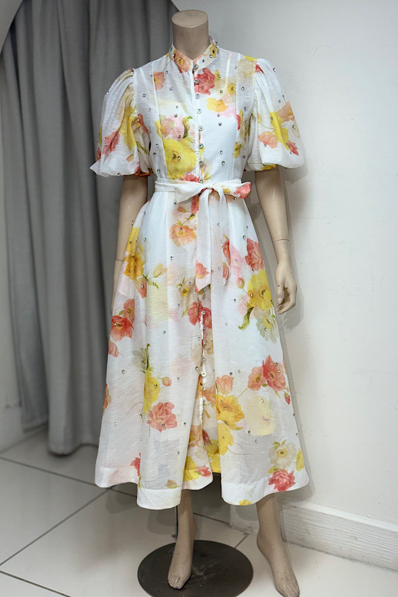 Puff Sleeve Rhinestone Studded Belted Dress