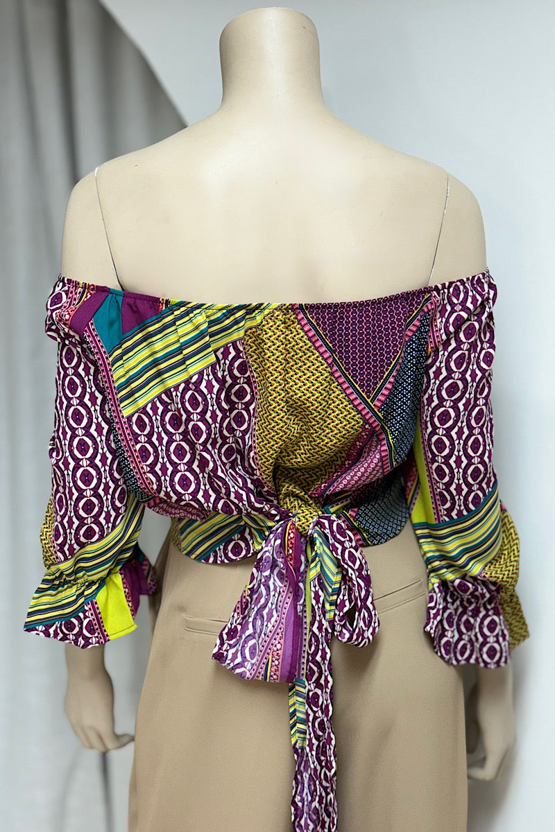 Off-Shoulder Tie-Waist Printed Top