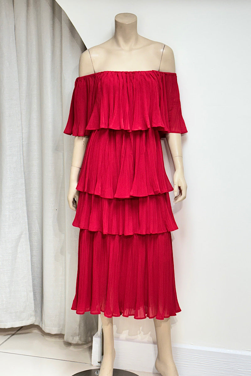Pleated Tiered Flowy Midi Dress