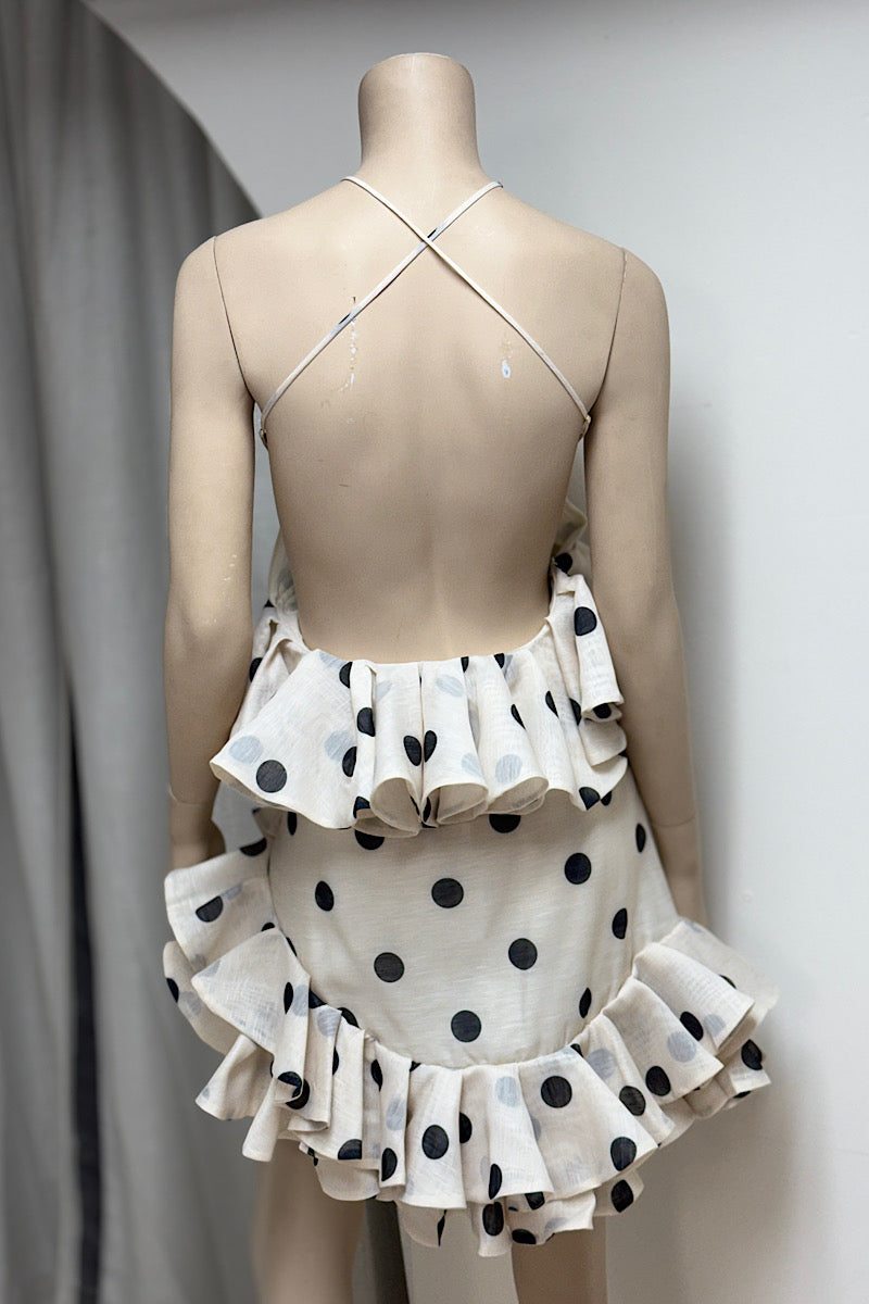 Rosette Polka Dot Halter Mini Dress