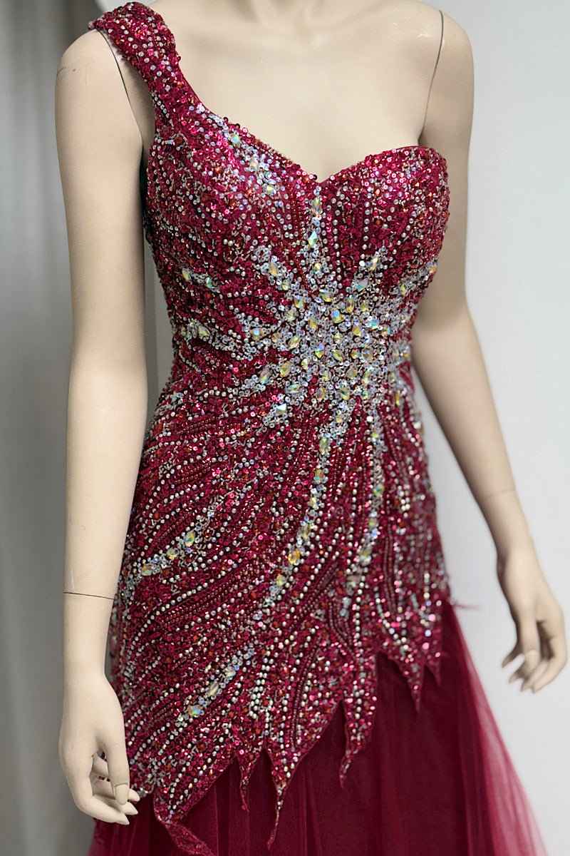 One-Shoulder Asymmetrical Bejeweled Formal