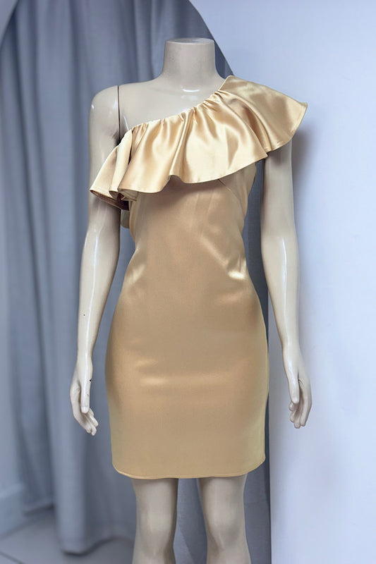 One Shoulder Champagne Gold Satin Dress