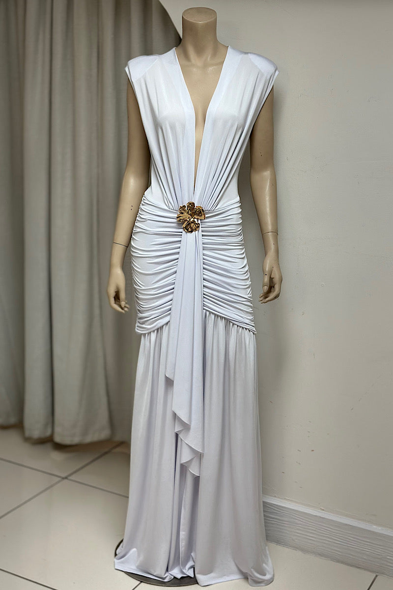 Deep V-Neck Ruched Waist Maxi Dress