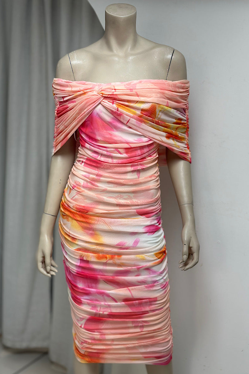 Off-Shoulder Ruched Printed Midi Dress