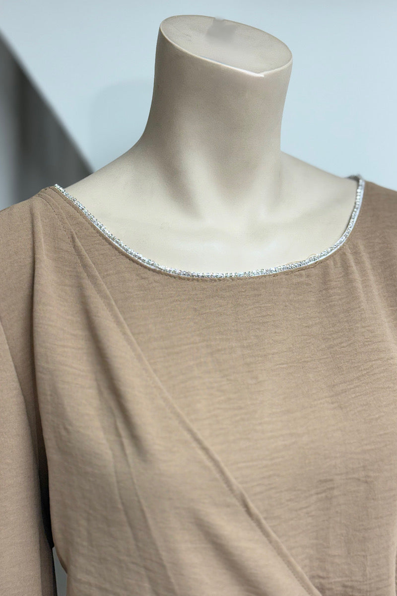Rhinestone Neckline Side Tie Flowy Top