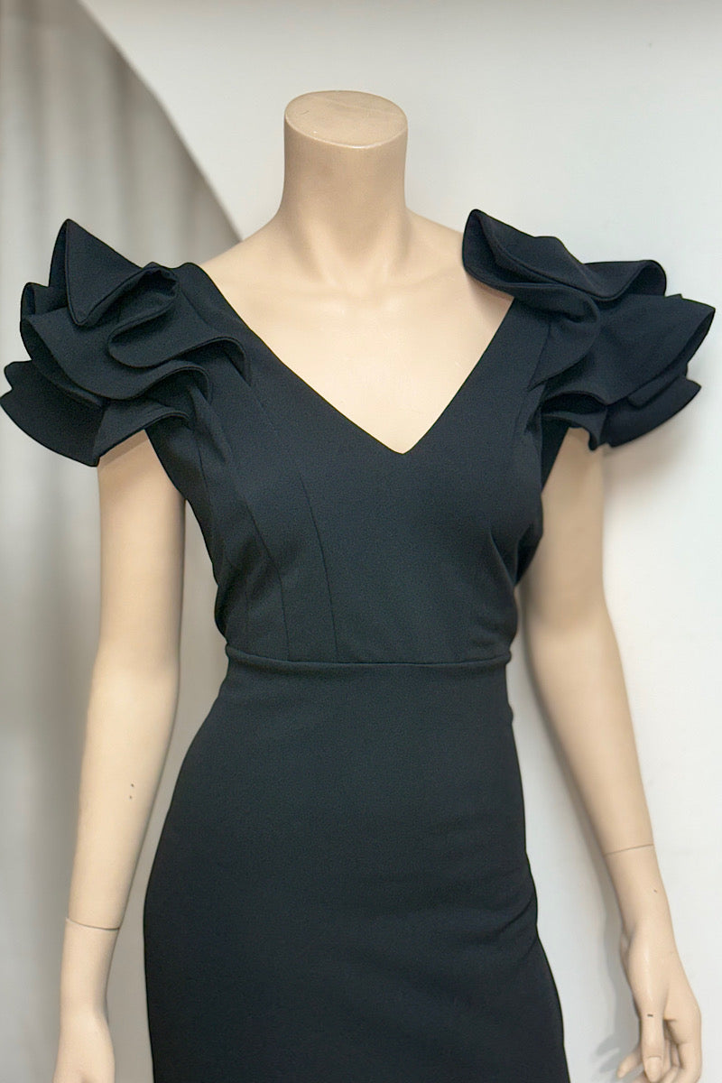 Ruffle Shoulder V-Neck Midi Dress