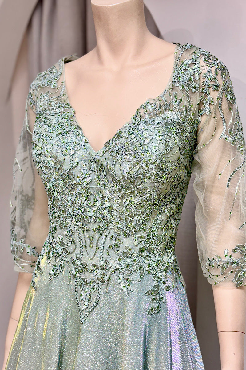 Shimmer V-Neck Embroidered Flare Formal