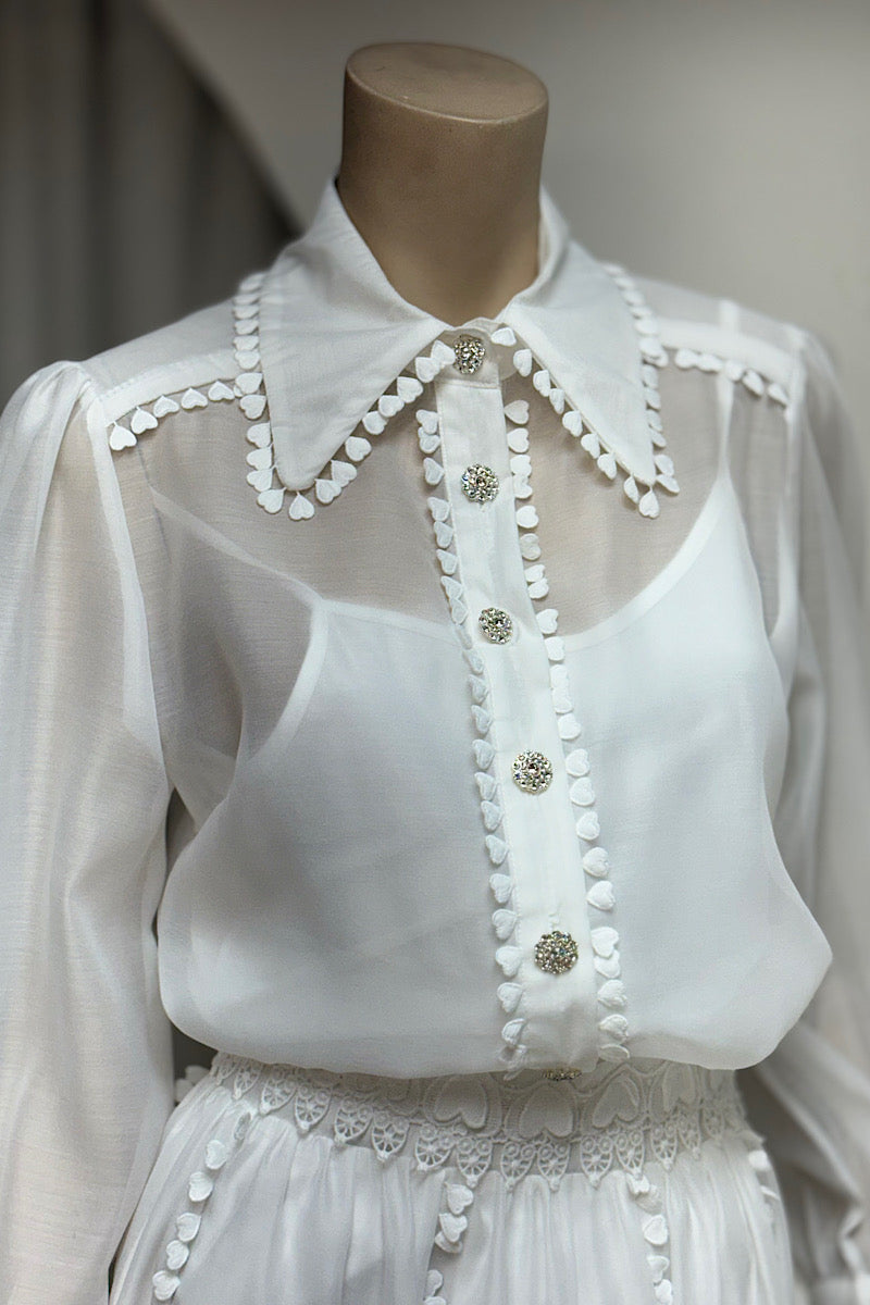 Heart Detailed Rhinestone Button Skirt Set