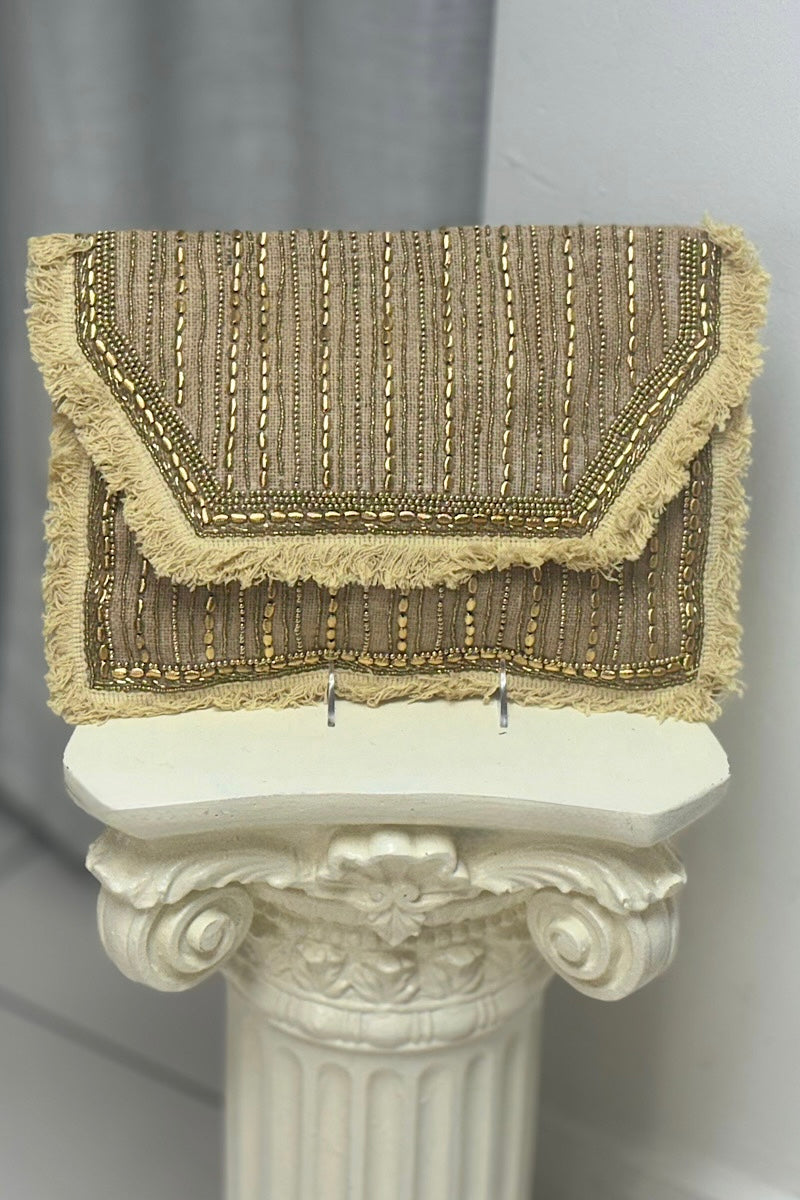 Beaded Frill Fold-Over Fabric Clutch