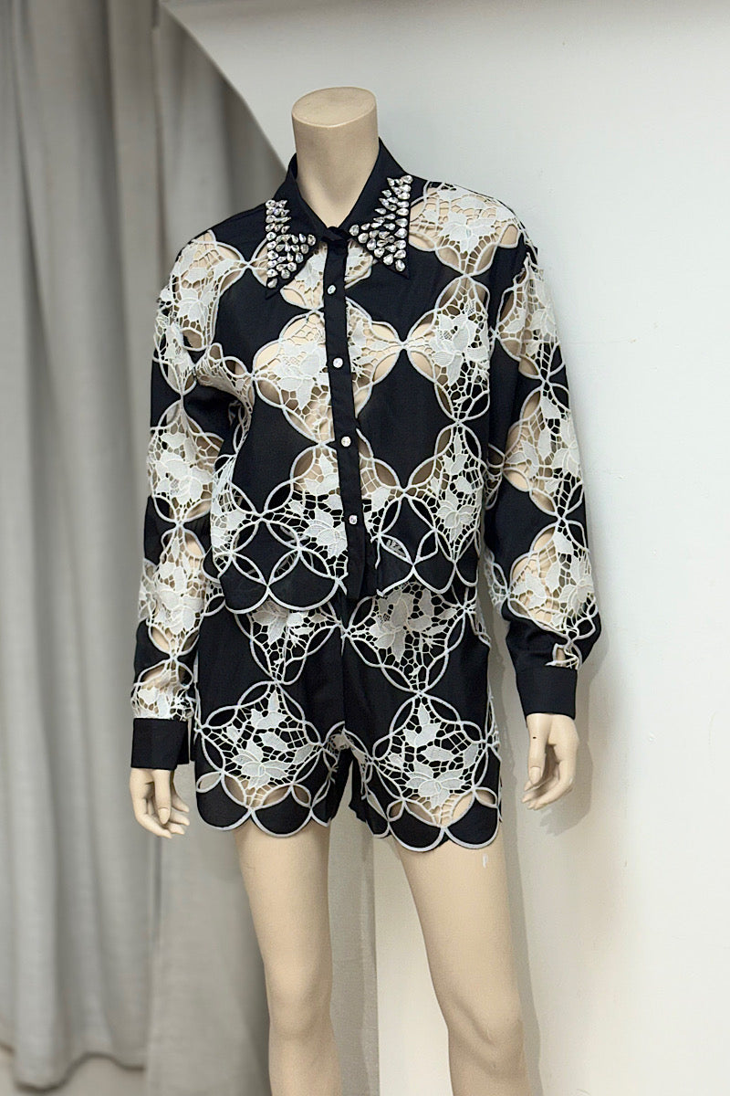 Embellished Collar Lace Short Pant Set