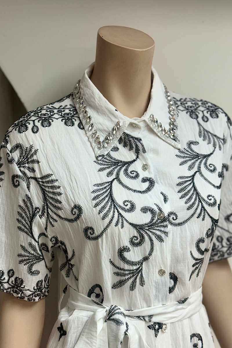 Embellished Collar Short Sleeve Embroidered Dress