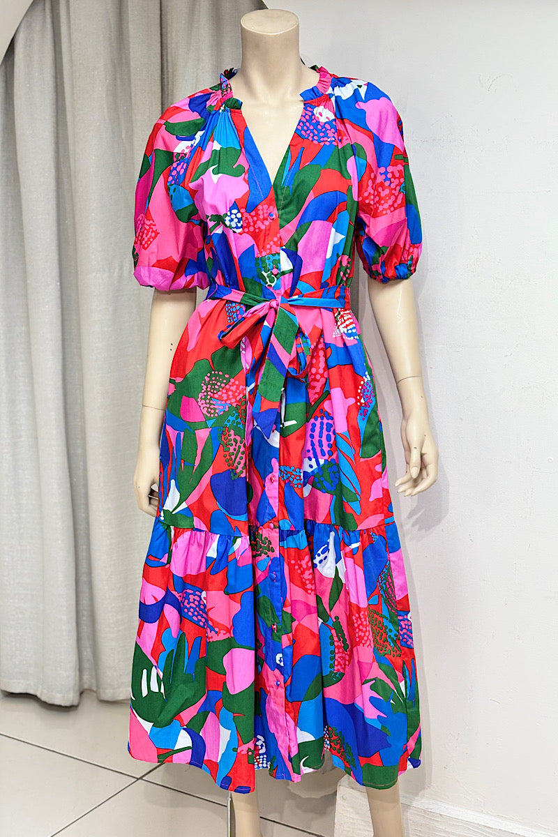 Multicolor Abstract Pattern Midi Dress
