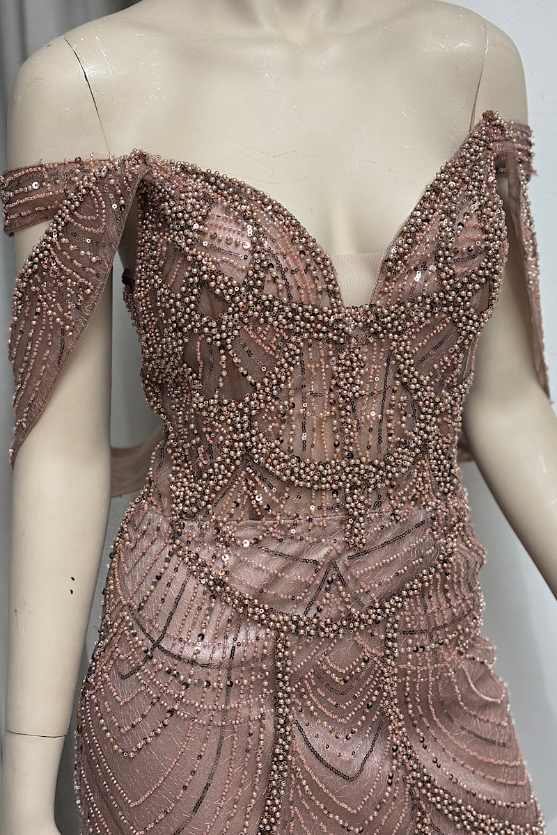 Beaded V-Neck Off-Shoulder Formal