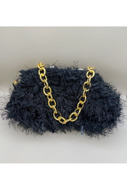Black Fluffy Gold Chain Bag