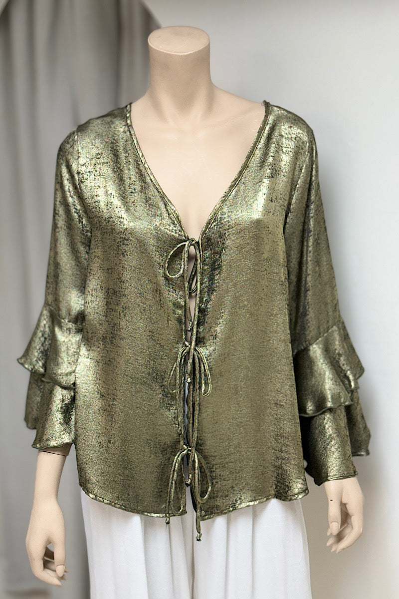 Curvy Ruffle Sleeve Tie-Front Blouse