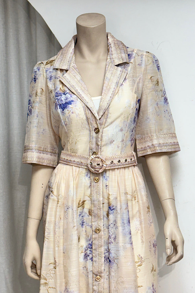 V-Neck Collared Flare Belted Dress