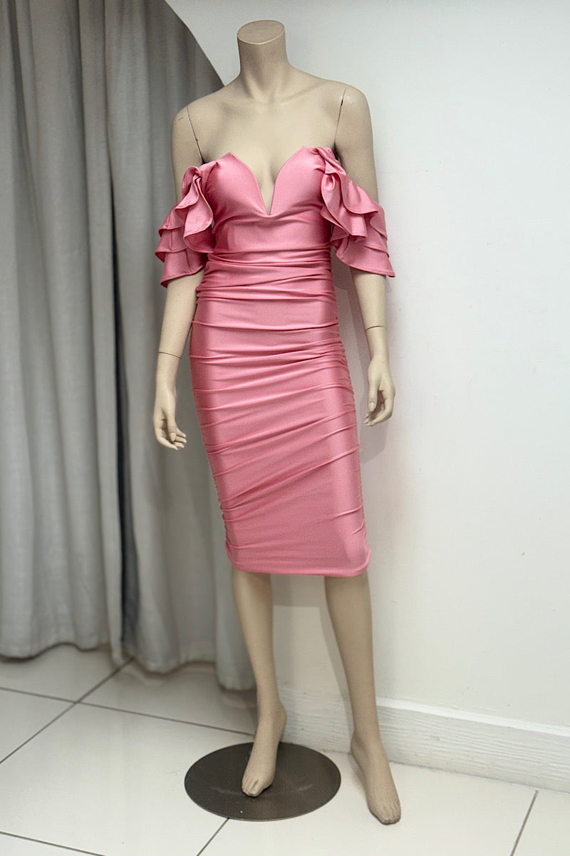 Off Shoulder V-Cut Wire Stretch Midi Dress