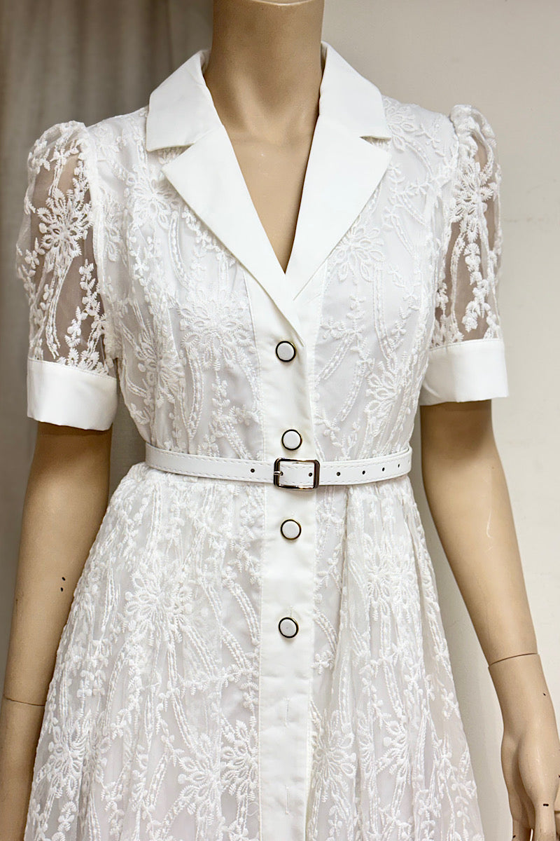 Collared Floral Lace Belted Maxi Dress